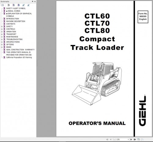 GEHL Compact Track Loader CTL60 CTL70 CTL80 Operators Manual 908305H