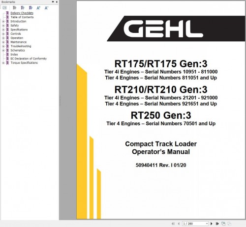 GEHL Compact Track Loader RT175 to RT250 Gen3 Operators Manual 50940411I