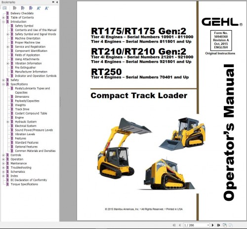 GEHL Compact Track Loader RT175 to RT250 Operators Manual