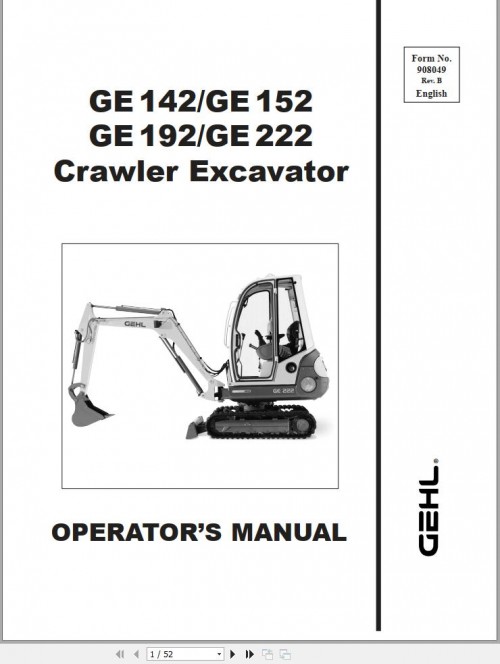 GEHL Crawler Excavator GE142 GE152 GE192 GE222 Operators Manual 908049A