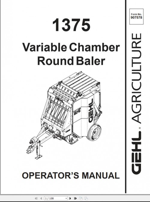 GEHL Variable Chamber Round Baler 1375 Operators Manual 907578B