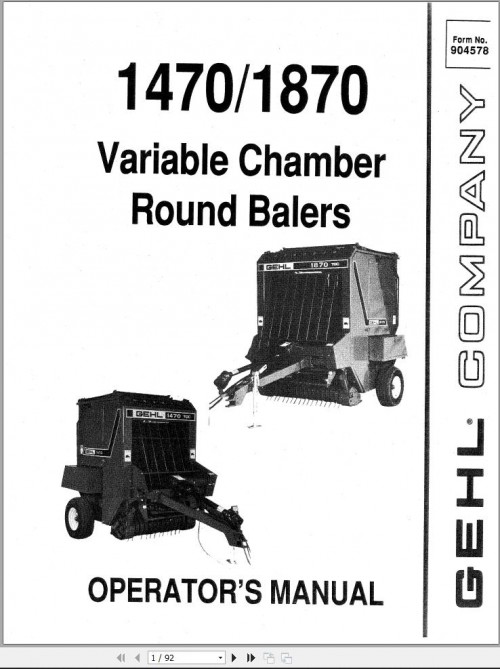 GEHL Variable Chamber Round Balers 1470 1870 Operators Manual 904578A