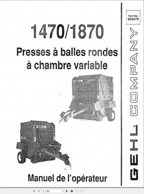 GEHL Variable Chamber Round Balers 1470 1870 Operators Manual 904579A FR