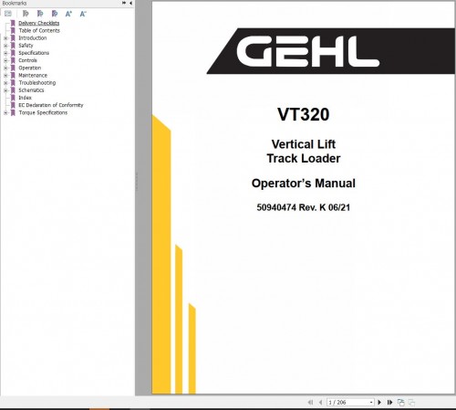 GEHL Vertical Lift Track Loader VT320 Operators Manual 50940610D