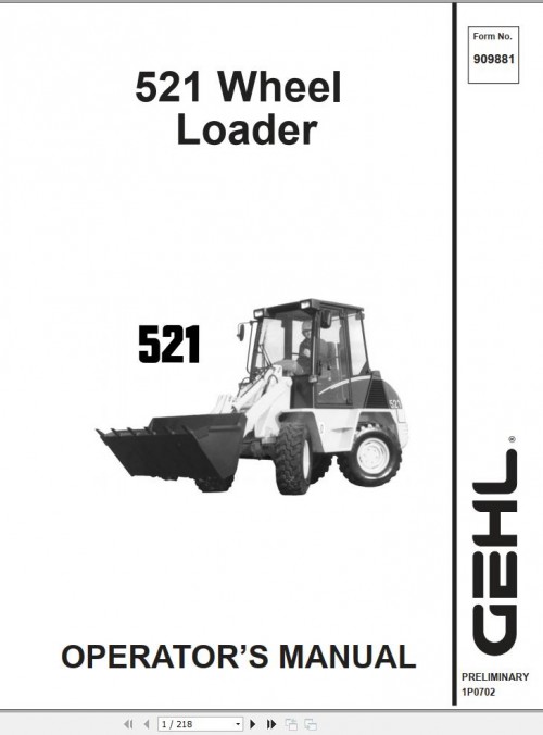 GEHL Wheel Loader 521 Operators Manual 909881A