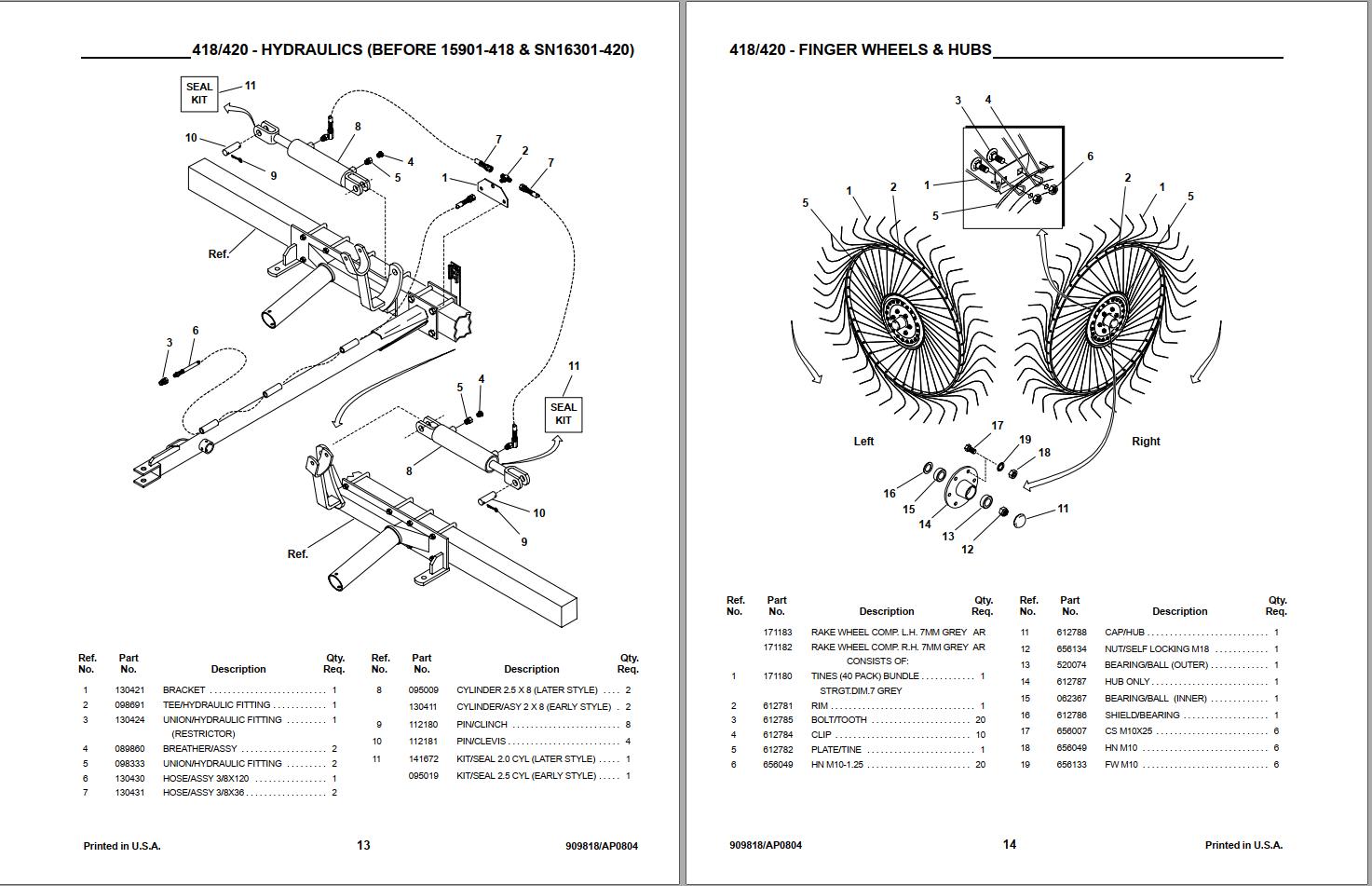 GEHL Finger Wheel V-Rakes 418 420 Parts Manual 909818A | Auto Repair ...