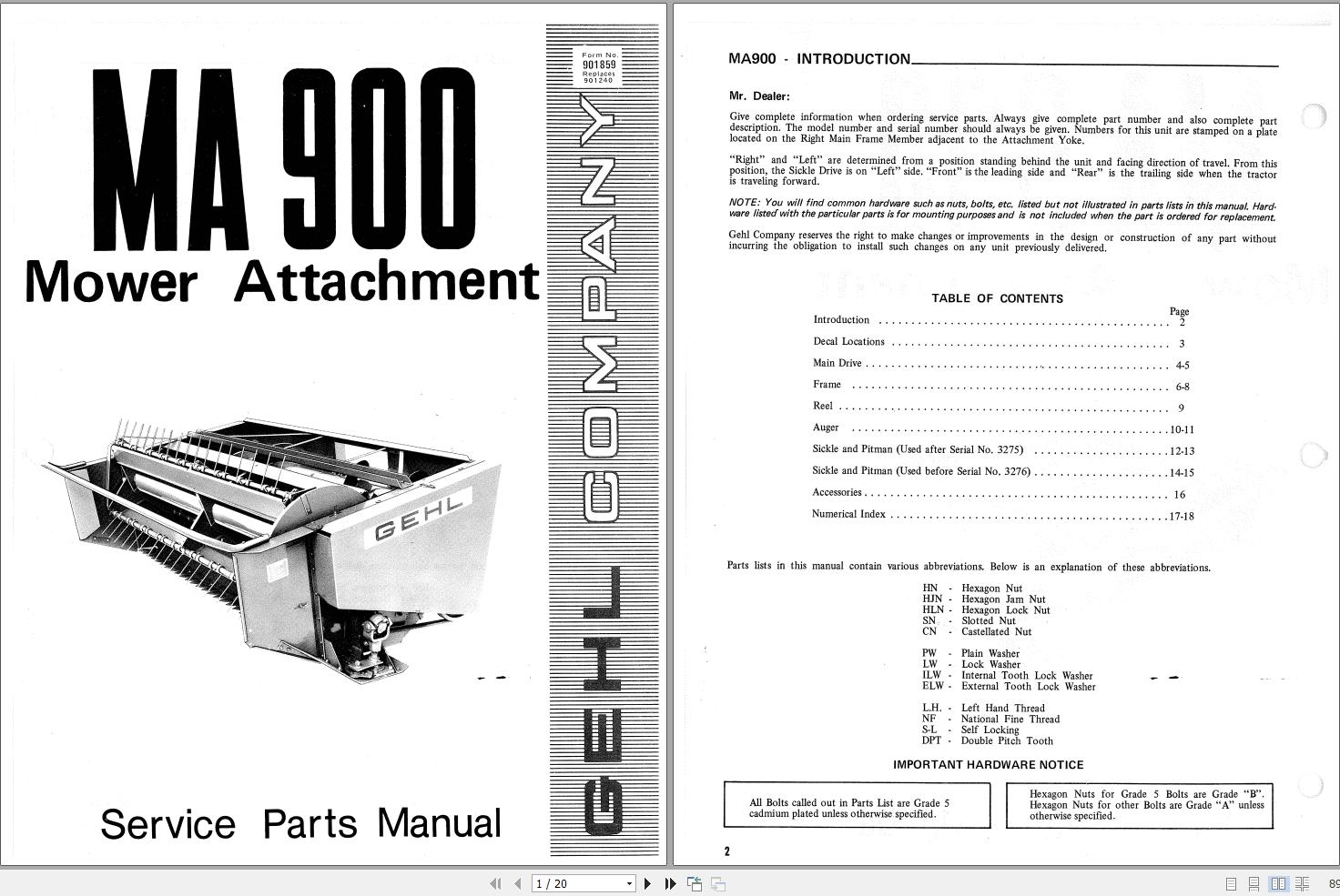 GEHL Mower Attacher MA900 Service Parts Manual 901859A | Auto Repair ...