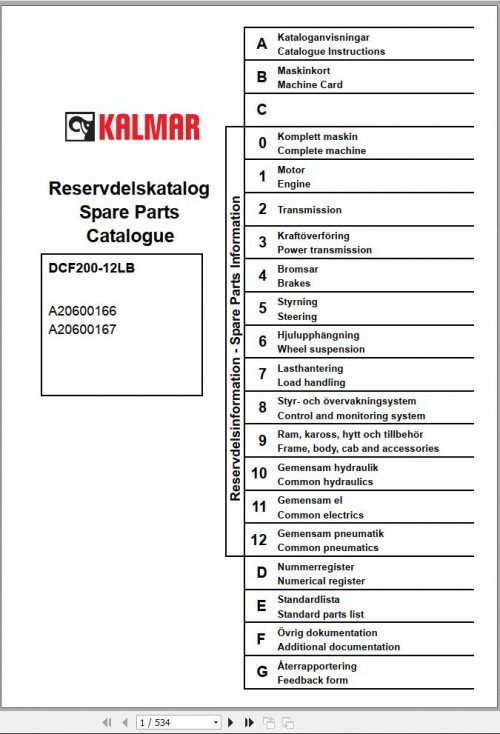 Kalmar Forklift DCF200 12LB Spare Parts Catalogue EN SV