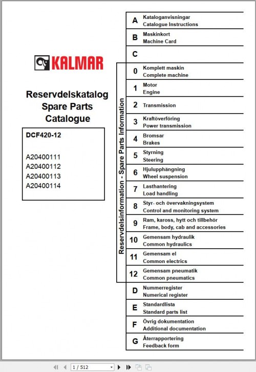 Kalmar Forklift DCF420 12 Spare Parts Catalogue EN SV