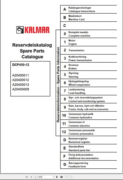Kalmar Forklift DCF450 12 Spare Parts Catalogue EN SV