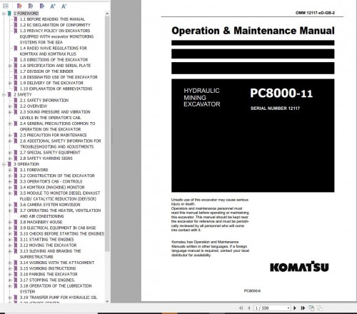 Komatsu Mining Shovel PC8000 11 Operation Maintenance Manual GZEAM012117 2