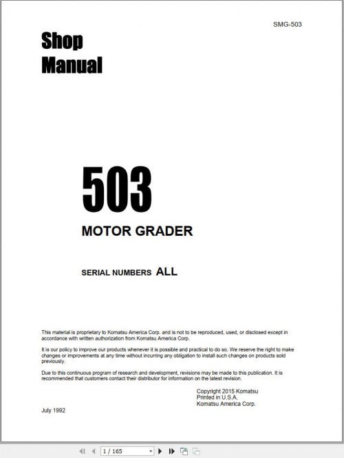 Komatsu Motor Grader 503 Shop Manual SMG 503