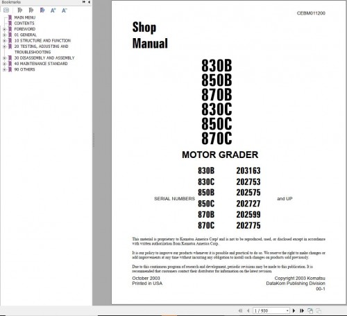 Komatsu Motor Grader 830B 850B 870B 830C 850C 870C Shop Manual CEBD011200