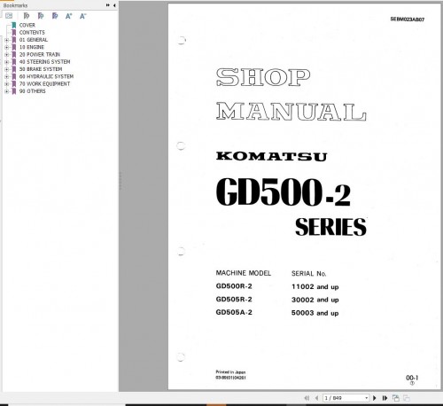 Komatsu Motor Grader GD500 2 Series Shop Manual SEBM023AB07
