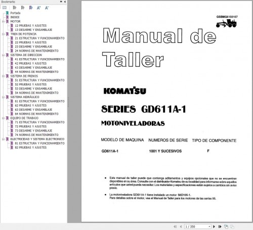 Komatsu Motor Grader GD611A 1 Shop Manual GSBMG6150107 ES