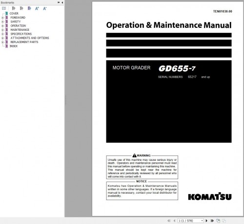 Komatsu Motor Grader GD655 7 Operation Maintenance Manual TEN01038 00