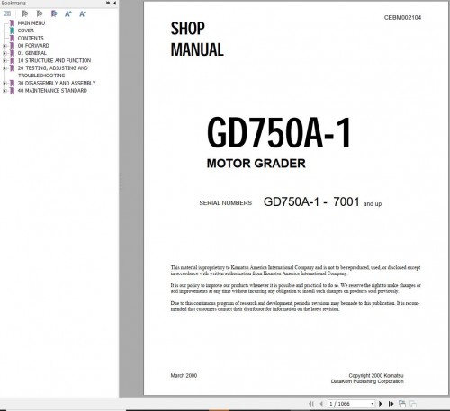 Komatsu Motor Grader GD750A 1 Shop Manual CEBD002104