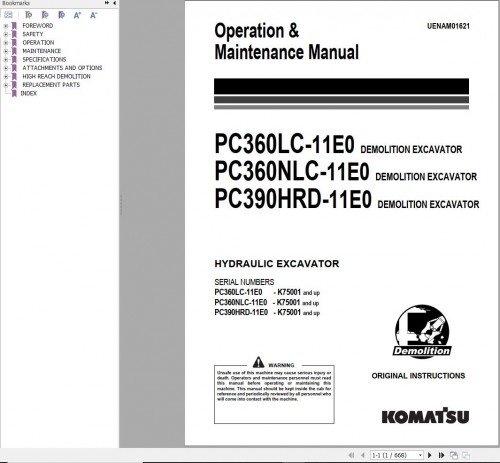 Komatsu PC360LC 11E0 PC360NLC 11E0 PC390HRD 11E0 Operation Maintenance Manual