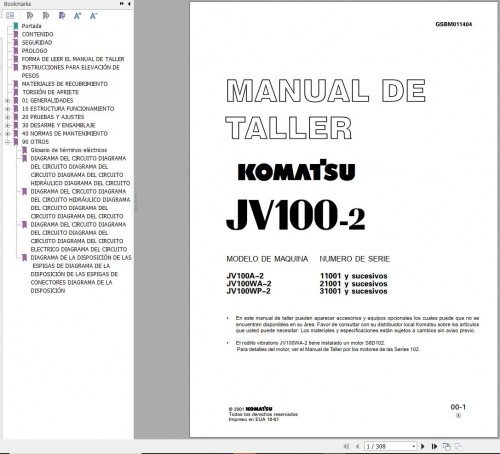 Komatsu Roller JV100A 2 JV100WA 2 JV100WP 2 Workshop Manual GSBM011404 ES