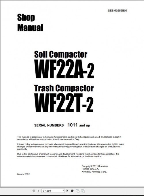 Komatsu Soil Trash Compactor WF22A 2 WF22T 2 Shop Manual SEBM0256B01