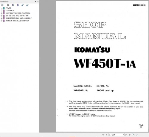 Komatsu Trash Compactor WF450T 1A Shop Manual SEBM041K0101