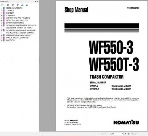 Komatsu Trash Compactor WF550 3 WF550T 3 Shop Manual VEBM090100