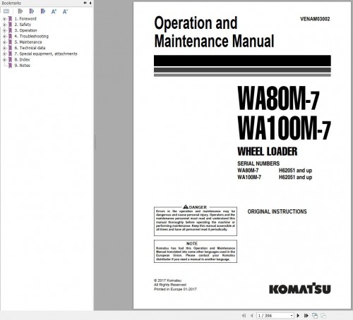 Komatsu Wheel Loader WA80M 7 WA100M 7 Operation Maintenance Manual VENAM03002