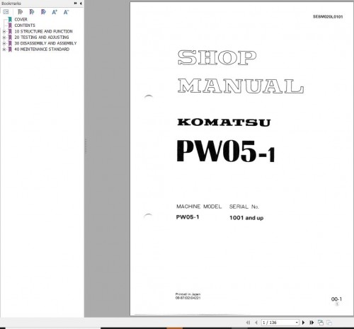 Komatsu Wheeled Excavator PW05 1 Shop Manual SEBM020L0101