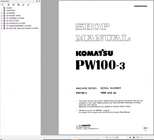 Komatsu Wheeled Excavator PW100 3 Shop Manual SEBM020D0304