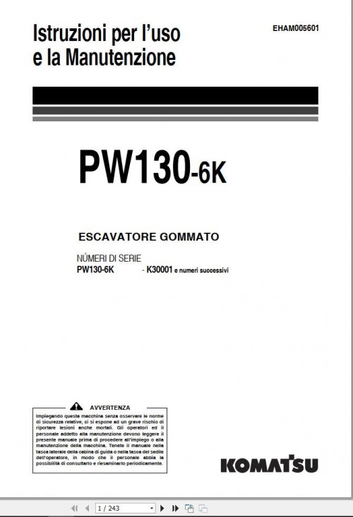 Komatsu Wheeled Excavator PW130 6K Operation Maintenance Manual EHAM005601 IT