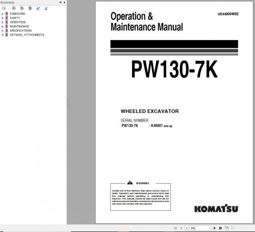 Komatsu Wheeled Excavator PW130 7K Operation Maintenance Manual UEAM004602
