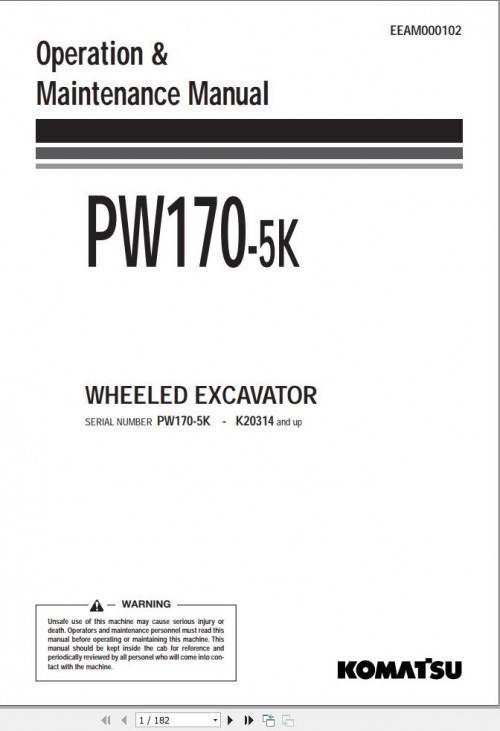 Komatsu Wheeled Excavator PW170 5K Operation Maintenance Manual EEAM000102