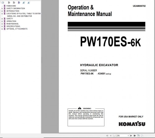 Komatsu Wheeled Excavator PW170ES 6K Operation Maintenance Manual UEAM000702