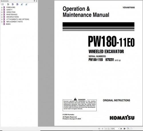 Komatsu Wheeled Excavator PW180 11E0 Operation Maintenance Manual VENAM70000