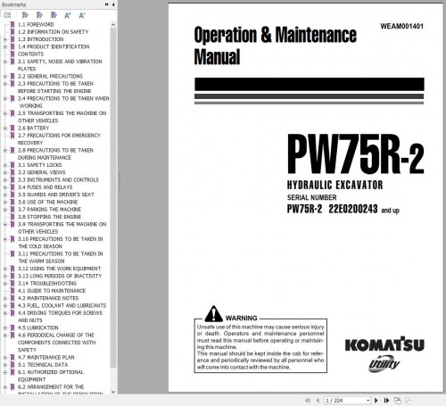 Komatsu Wheeled Excavator PW75R 2 Operation Maintenance Manual WEAM001401