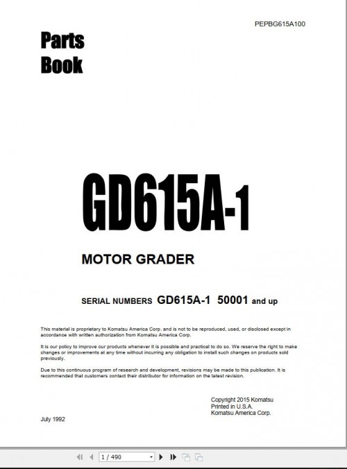 Komatsu Motor Grader GD615A 1 Part Book PEPBG615A100