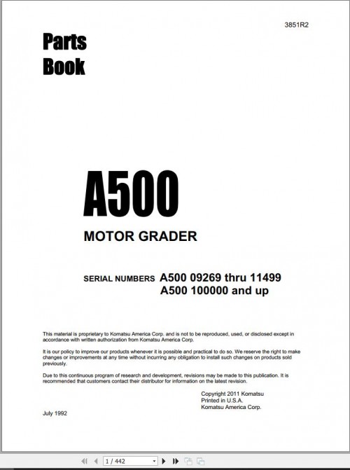 Komatsu Motor Graders A500 Part Book 3851R2