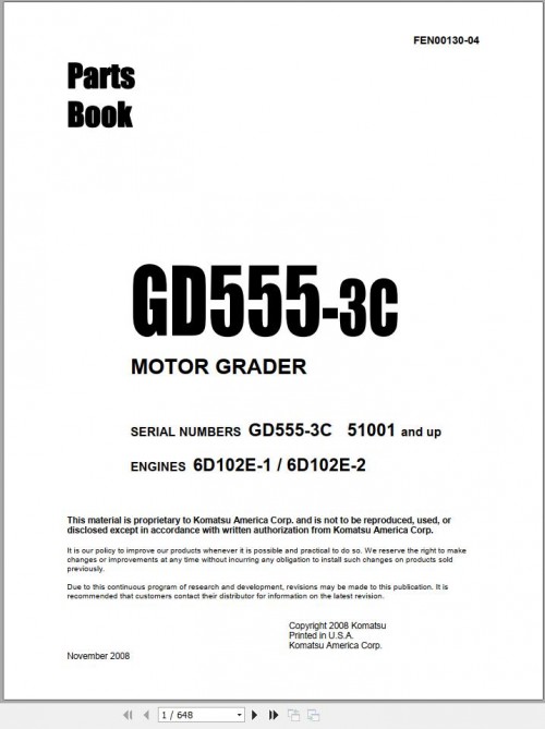 Komatsu Motor Graders GD555 3C Part Book