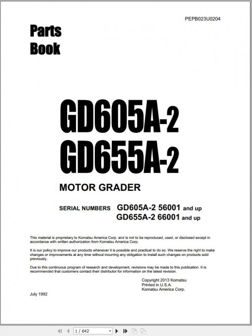 Komatsu Motor Graders GD605A 2 GD655A 2 Part Book PEPB023U0204