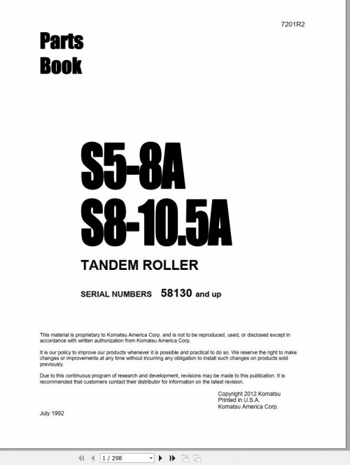 Komatsu Tandem Roller S5 8A S8 10.5A Part Book 7201R2
