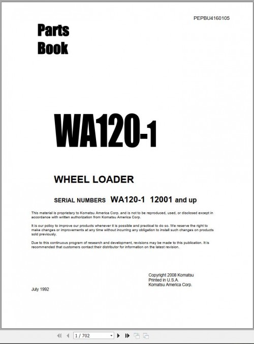 Komatsu Wheel Loader WA120 1 Part Book PEPBU4160105