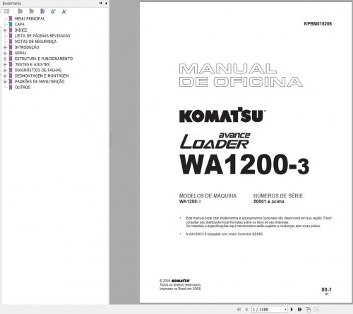 Komatsu Wheel Loader WA1200 3 Shop Manual KPBM018206 PT