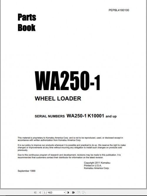 Komatsu Wheel Loader WA250 1 Part Book PEPBL4180100