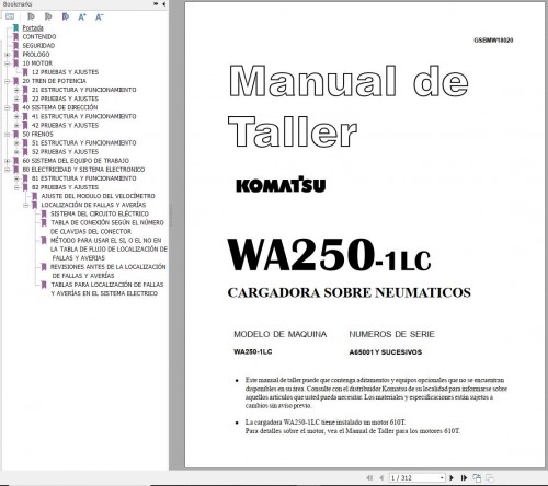 Komatsu Wheel Loader WA250 1LC Shop Manual GSBMW18020 ES