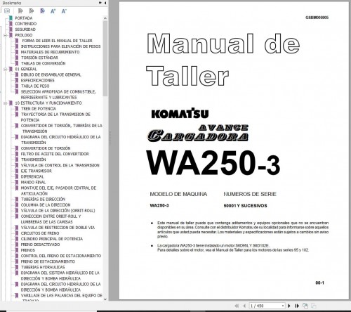 Komatsu Wheel Loader WA250 3 Shop Manual GSBM005905 ES