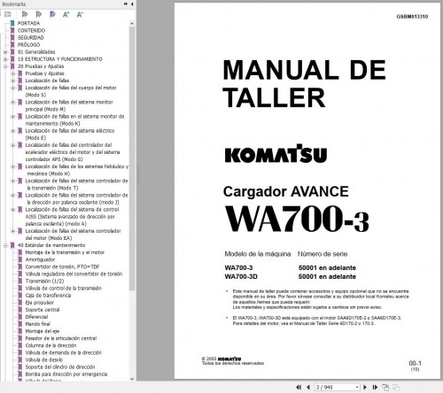 Komatsu Wheel Loader WA700 3 Shop Manual GSBM013310 ES