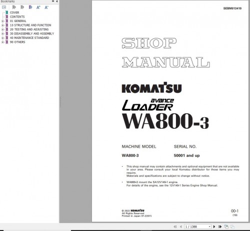 Komatsu Wheel Loader WA800 3 Shop Manual SEBM013419
