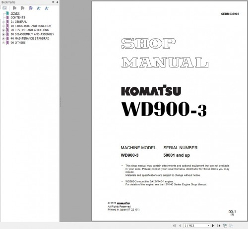 Komatsu Wheel Loader WD900 3 Shop Manual SEBM036908