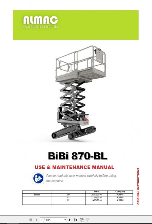 Almac Scissor Lift BiBi 870 BL Operation and Maintenance Manual 1