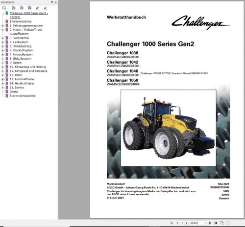 Challenger Tractor 1038 1042 1046 1050 Gen2 Workshop Manual X990005753001 DE